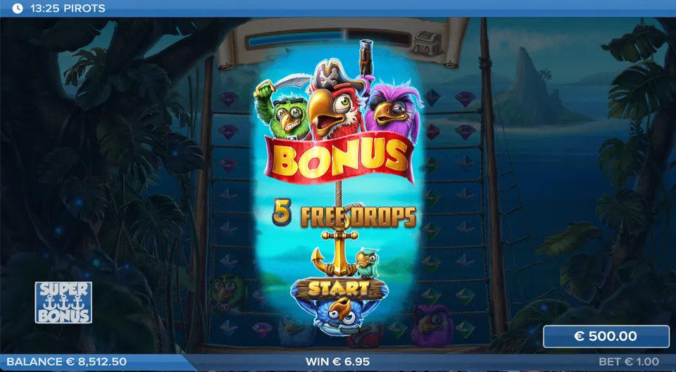 El juego de bonus de Pirots empieza con 5 free drops