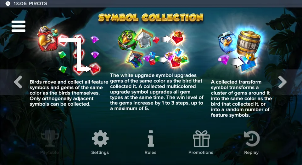Pantalla de información sobre la recolección de símbolos en Pirots: los pájaros recogen gemas de su color, mejoras y transform