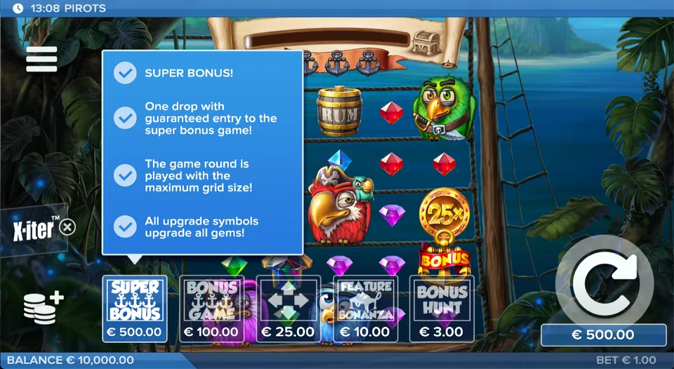Menú X-iter de Pirots con Super Bonus, Bonus, Super Spin, Feature drop y Bonus Hunt